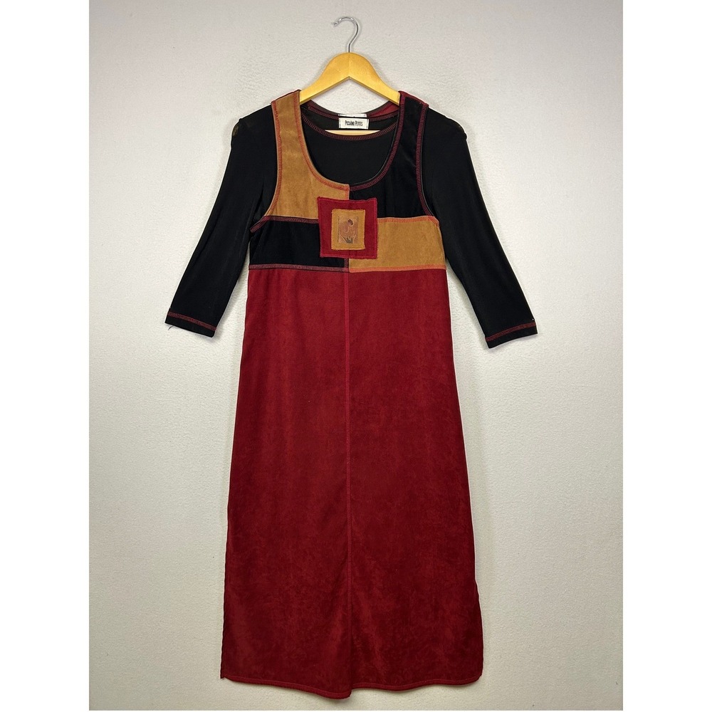 Vintage Artsy Piccalino Petites Womens Sm Red Black Faux Suede Jumper Dress Set